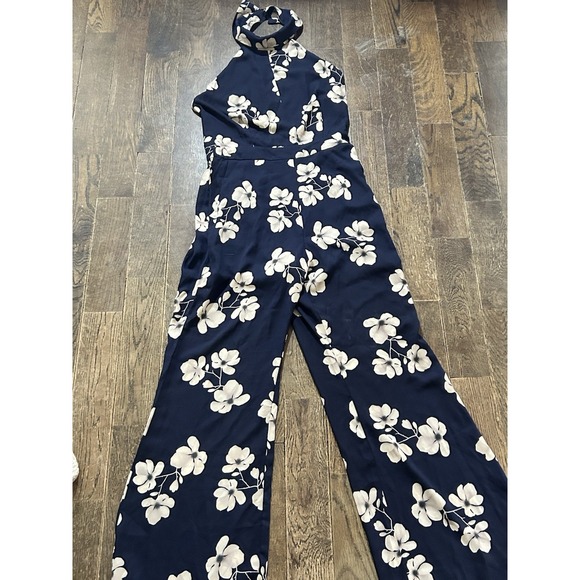 NWT Sienna Sky Jumpsuit Sz Small S Blue Floral Backless Backward Collar Keyhole - Picture 2 of 6